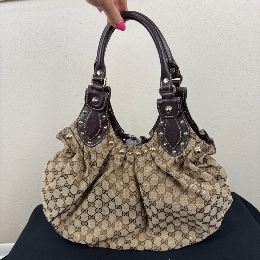 Gucci Beige Monogram Canvas Pelham Shoulder Bag with Brown Leather Trim